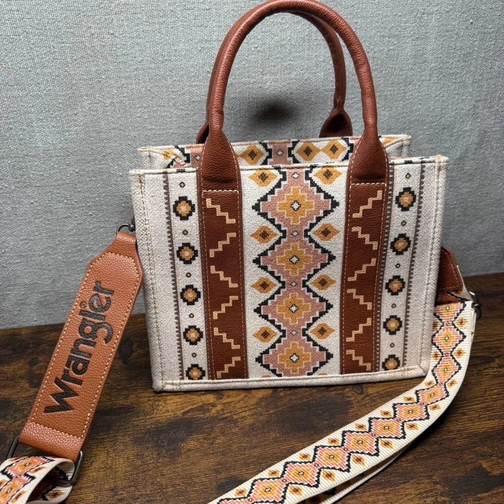 Wrangler Southwestern Aztec Tote Bag Crossbody Small Purse Brown Canvas Western